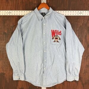 Tasmanian Devil‎ Taz WILD Looney Tunes Long Sleeves Button Up Shirt Blue XL 1997